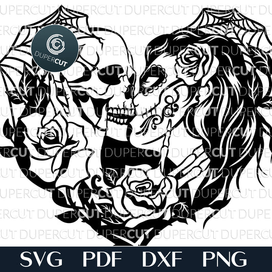 Kissing sugar skull skeleton, day of the dead steampunk gothic design. SVG PNG DXF files Paper cutting template for personal or commercial use. Vinyl template cutting files for Cricut, Glowforge, Silhouette, CNC