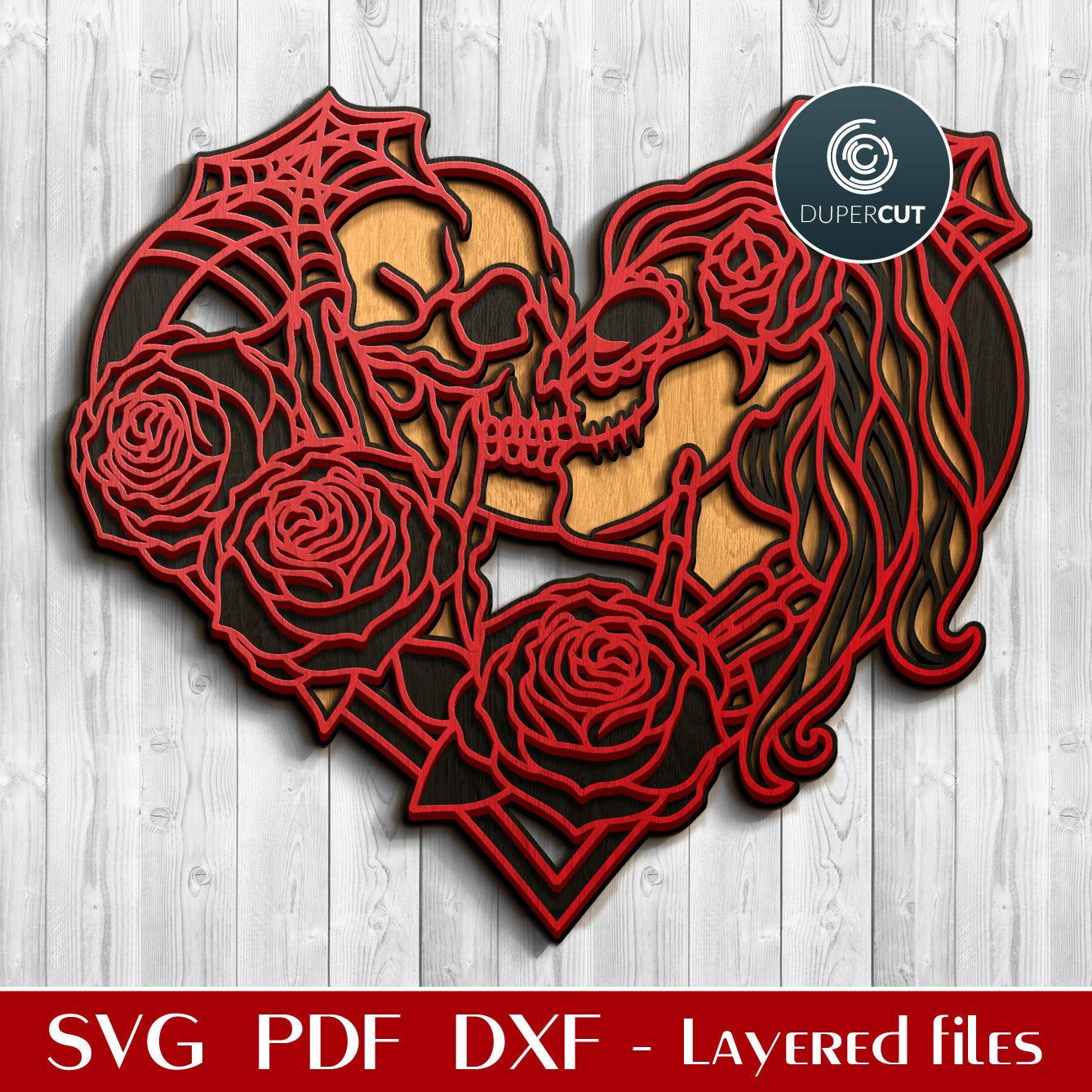 Kissing skulls - steampunk Halloween design, Day of the Dead - SVG PDF DXF layered cutting files for Glowforge, Cricut, Silhouette cameo, CNC plasma machines