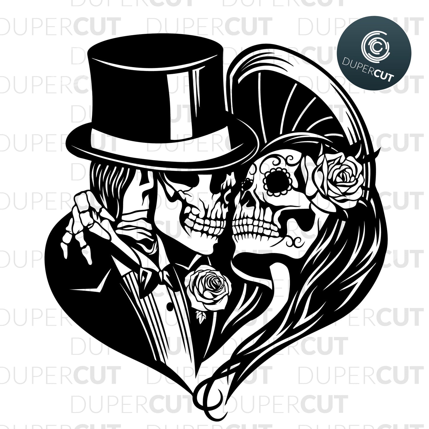 Paper cutting template - Sugar Skulls - Kissing Skulls Wedding - Eternal Love - Skull in Top Hat tuxedo,  steampunk skull SVG PNG DXF cutting files for Cricut, Glowforge, Silhouette cameo, laser engraving