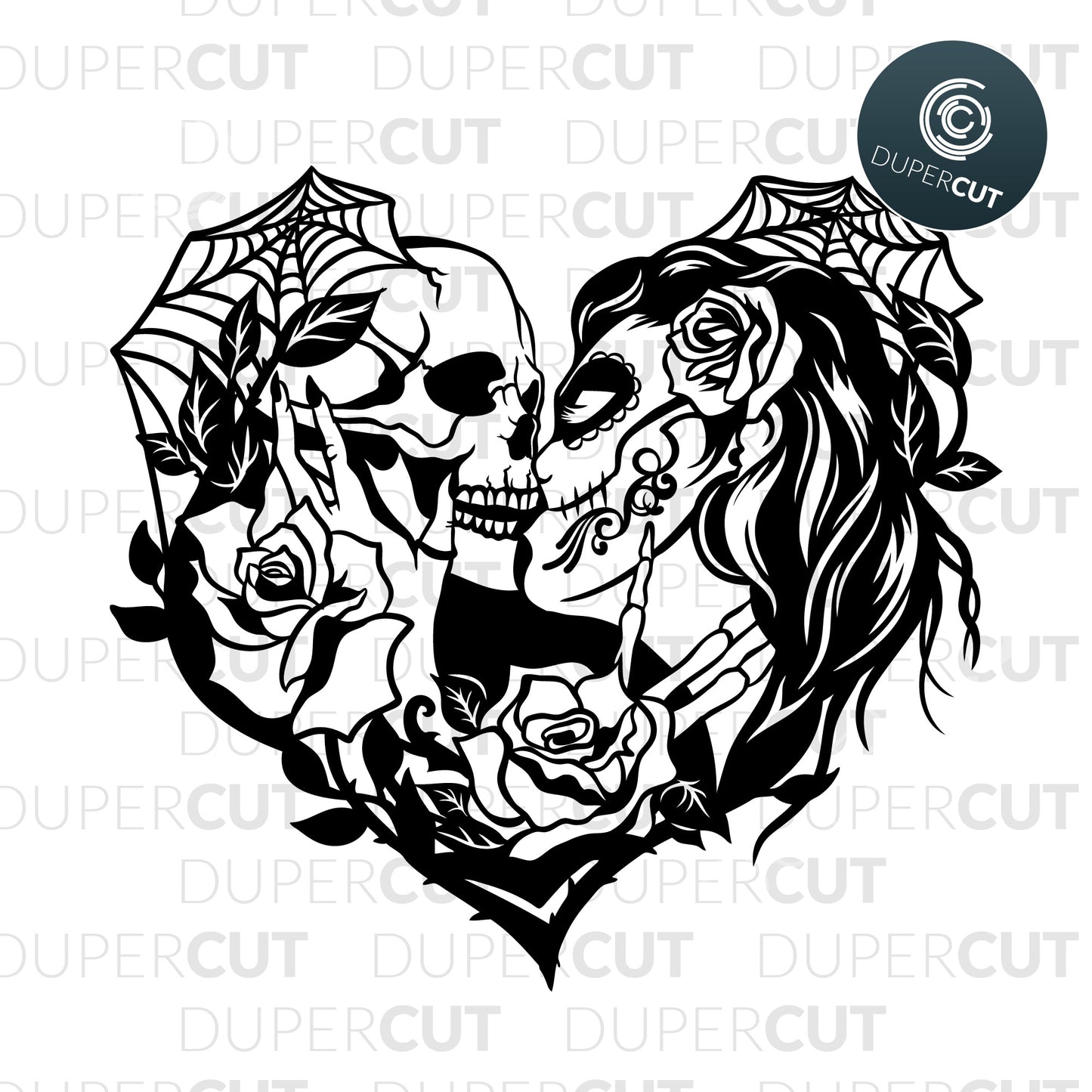 Paper cutting template - Kissing Skulls - sugar skull love