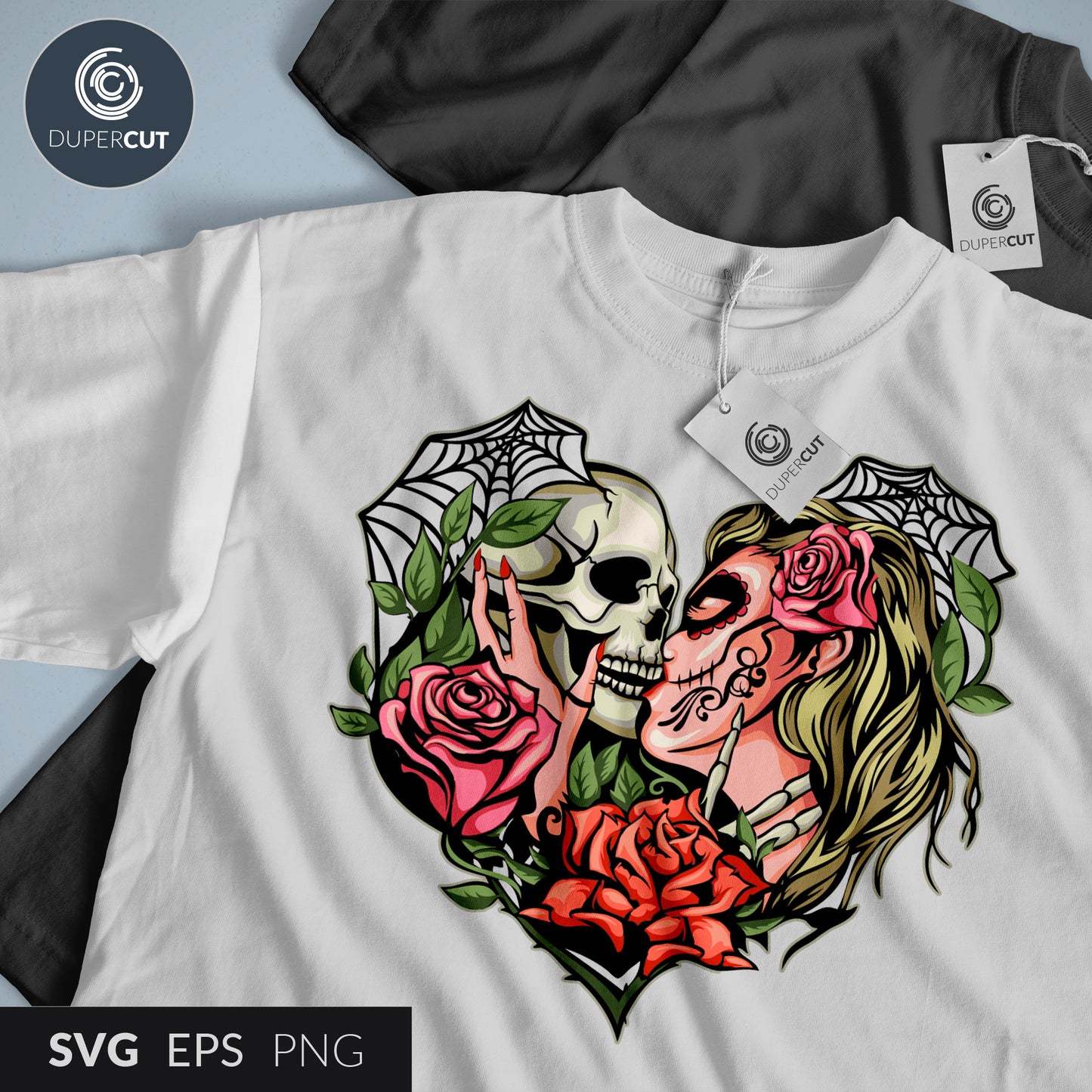 Sugar Skull kiss, day of the dead - Custom t-shirt design template - EPS, SVG, PNG files. Vector Colour illustration for print on demand, sublimation, custom t-shirts, hoodies, tumblers.