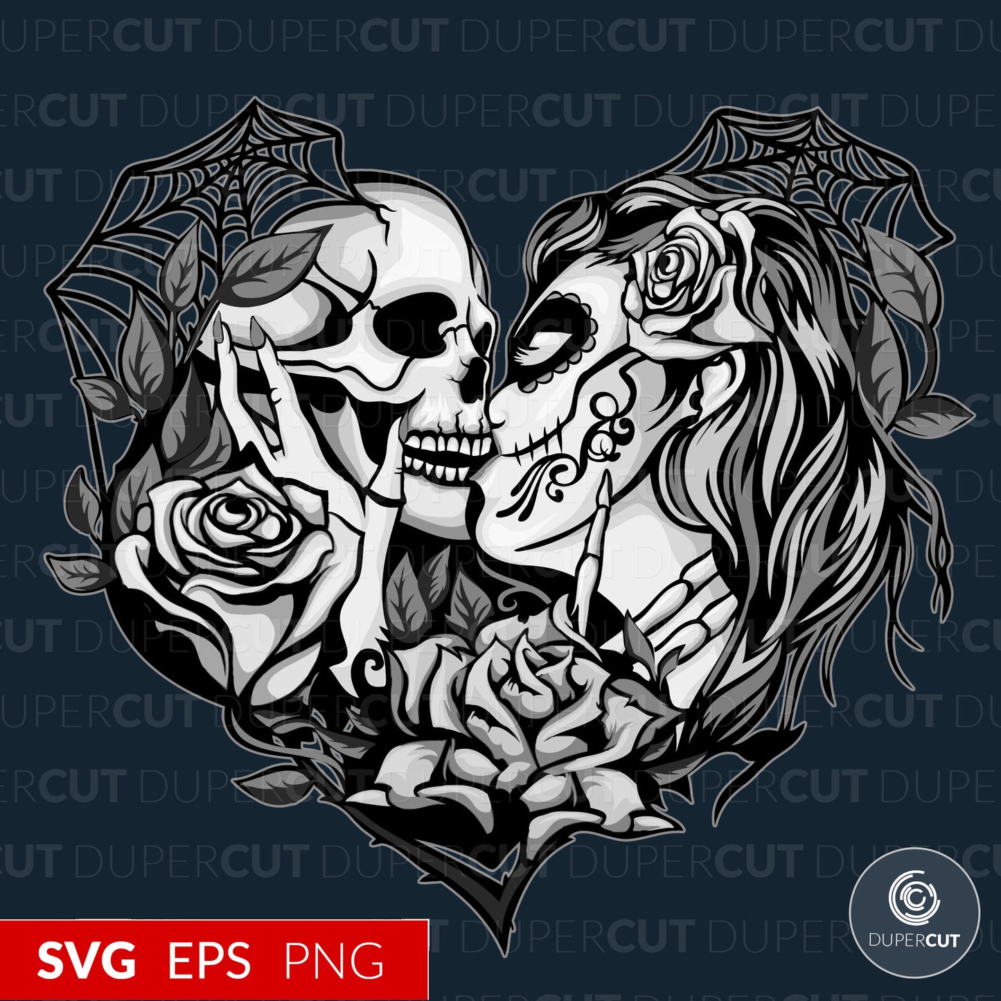 Kissing Skulls bride and groom, black and white - Custom apparel design, Amazon merch template - EPS, SVG, PNG files. Vector Colour illustration for print on demand, sublimation, custom t-shirts, hoodies, tumblers.