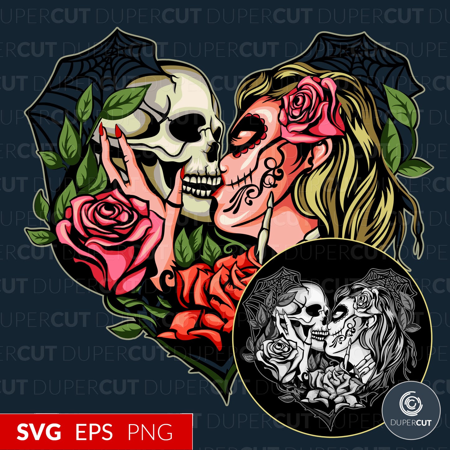 Kissing skulls, day of the dead - EPS, SVG, PNG files. Vector Colour illustration for print on demand, sublimation, custom t-shirts, hoodies, tumblers.