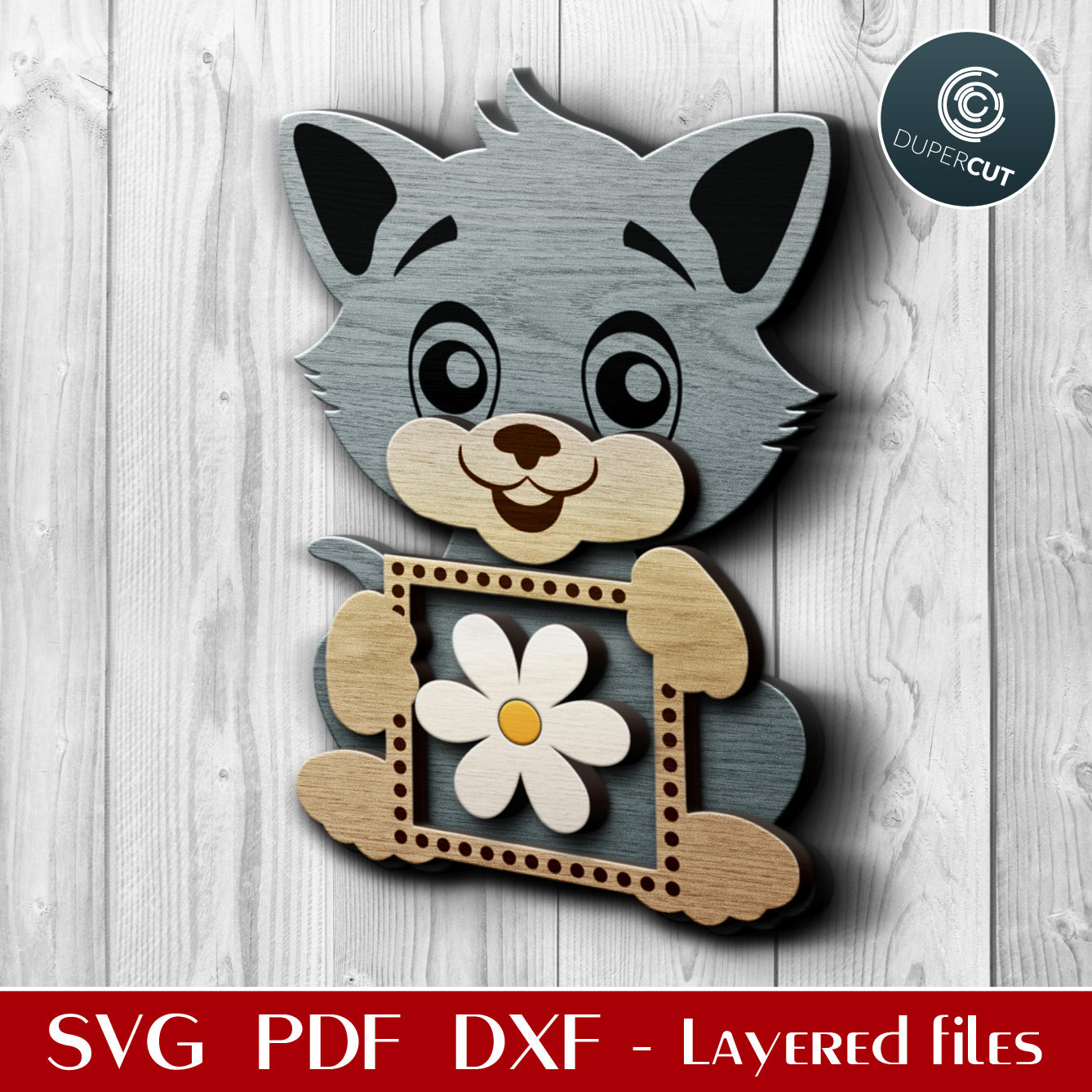 Mother's day gift Kitten with flower - Layered laser cutting files - SVG PDF vector template for Glowforge, Cricut, Silhouette Cameo, CNC plasma machines 