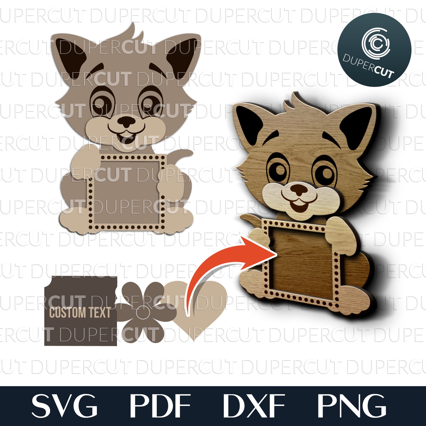 Cute baby Kitten - Layered files with Interchangeable pieces - SVG PDF vector template for Glowforge, Cricut, Silhouette Cameo, CNC plasma machines 