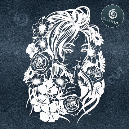 Shushing girl with flowers in hair. SVG PNG DXF files Paper cutting template for personal or commercial use. Vinyl template cutting files for Cricut, Glowforge, Silhouette, CNC