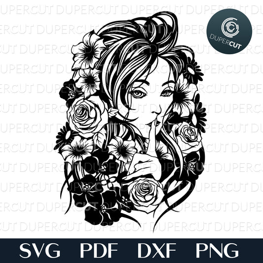 Detailed line art illustration, beautiful girl with flowers in hair. SVG PNG DXF files Paper cutting template for personal or commercial use. Vinyl template cutting files for Cricut, Glowforge, Silhouette, CNC