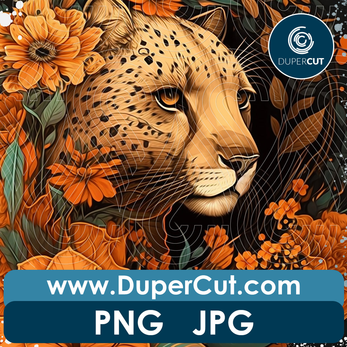 Leopard with orange flowers with transparent background - PNG file sublimation pattern by www.dupercut.com