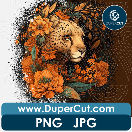Leopard with orange flowers with transparent background - PNG file sublimation pattern by www.dupercut.com