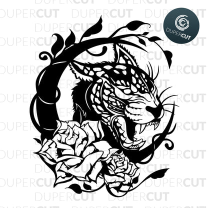 Roaring Leopard with rose and moon. Gothic tattoo. SVG PNG DXF files Paper cutting template for personal or commercial use. Vinyl template cutting files for Cricut, Glowforge, Silhouette, CNC