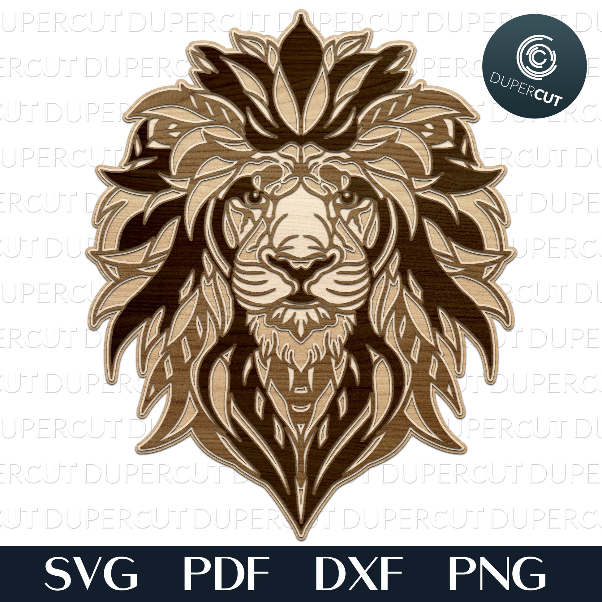 Zentangle Lion layered template, SVG PDF DXF files for cutting, laser engraving, scrapbooking. For use with Cricut, Glowforge, Silhouette, CNC machines.