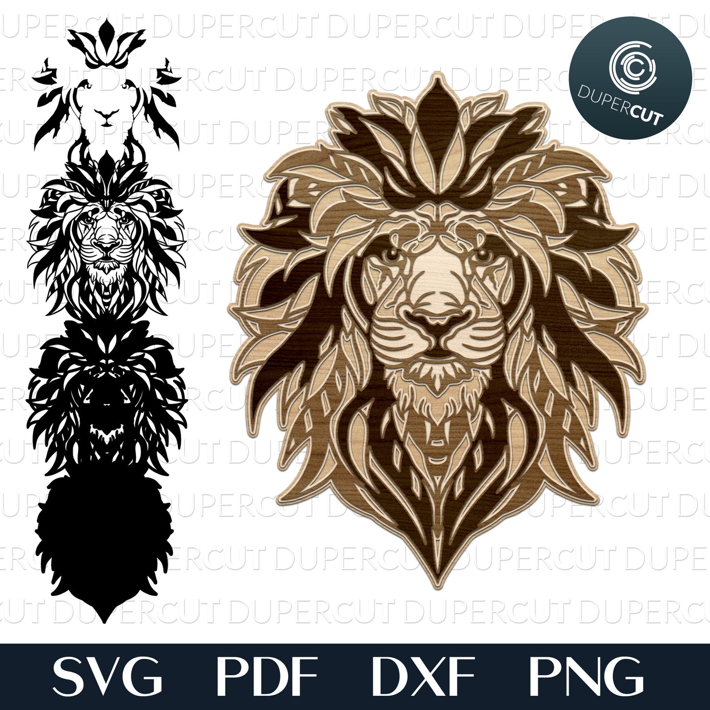 Lion multi-layered files, SVG PNG DXF files for cutting, laser engraving, scrapbooking. For use with Cricut, Glowforge, Silhouette, CNC machines.