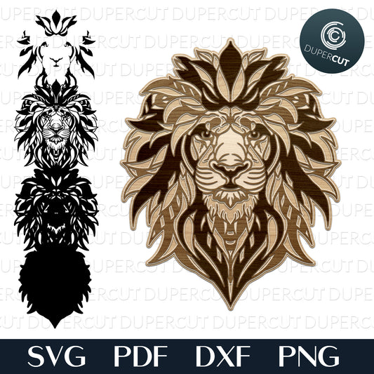 Lion multi-layered files, SVG PNG DXF files for cutting, laser engraving, scrapbooking. For use with Cricut, Glowforge, Silhouette, CNC machines.