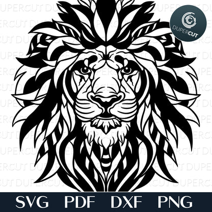 Zentangle Lion black line art design, SVG PDF DXF files for cutting, laser engraving, scrapbooking. For use with Cricut, Glowforge, Silhouette, CNC machines.