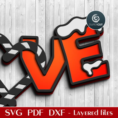 Love with candy cane Christmas door hanger template - SVG DXF layered cutting files for Glowforge, Cricut, Silhouette Cameo, scroll saw design by DuperCut