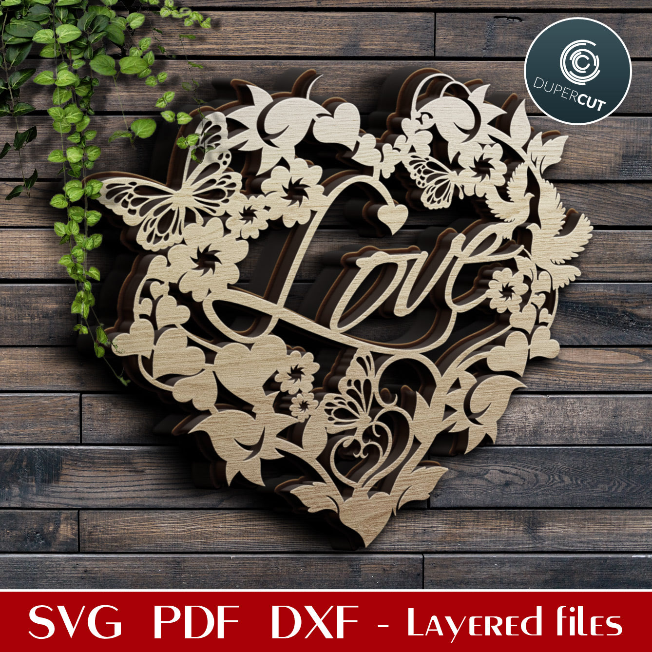 Heart-shaped love wreath - dual-layer cutting files SVG PDF DXF template for Glowforge, Cricut, Silhouette cameo, CNC plasma machines