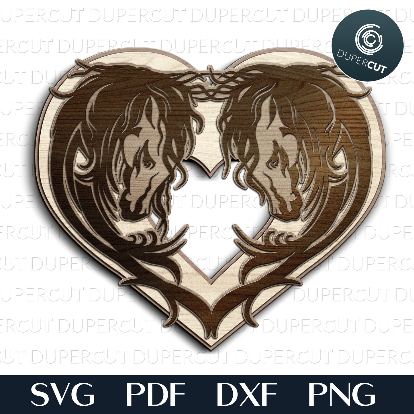 Horses in shape of heart, layered files, SVG PNG DXF files for cutting, laser engraving, scrapbooking. For use with Cricut, Glowforge, Silhouette, CNC machines.