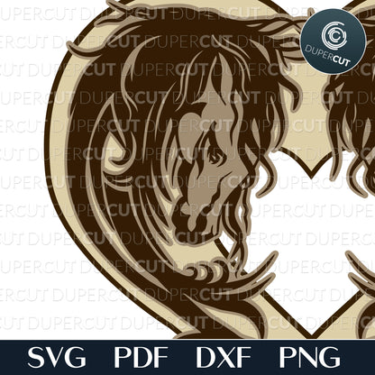 Horses in shape of heart, layered files, SVG PNG DXF files for cutting, laser engraving, scrapbooking. For use with Cricut, Glowforge, Silhouette, CNC machines.