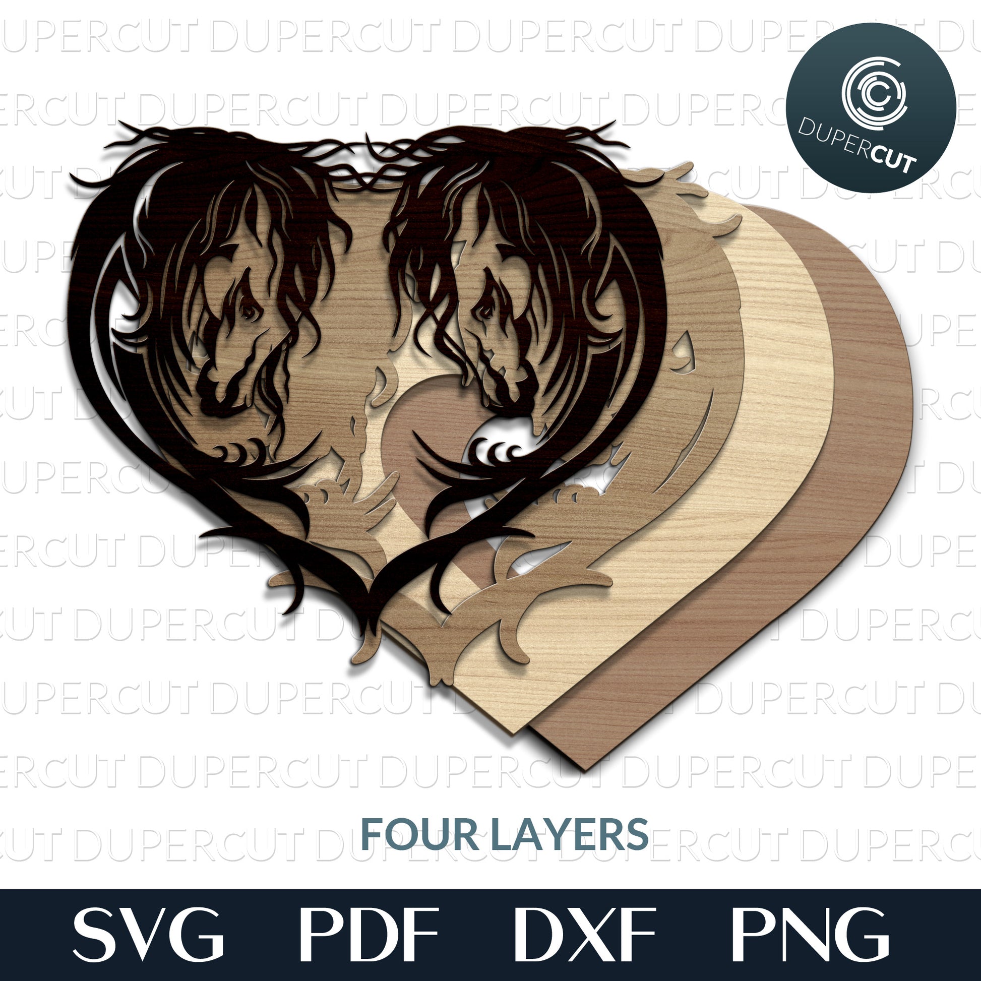 Horses in shape of heart, layered files, SVG PNG DXF files for cutting, laser engraving, scrapbooking. For use with Cricut, Glowforge, Silhouette, CNC machines.