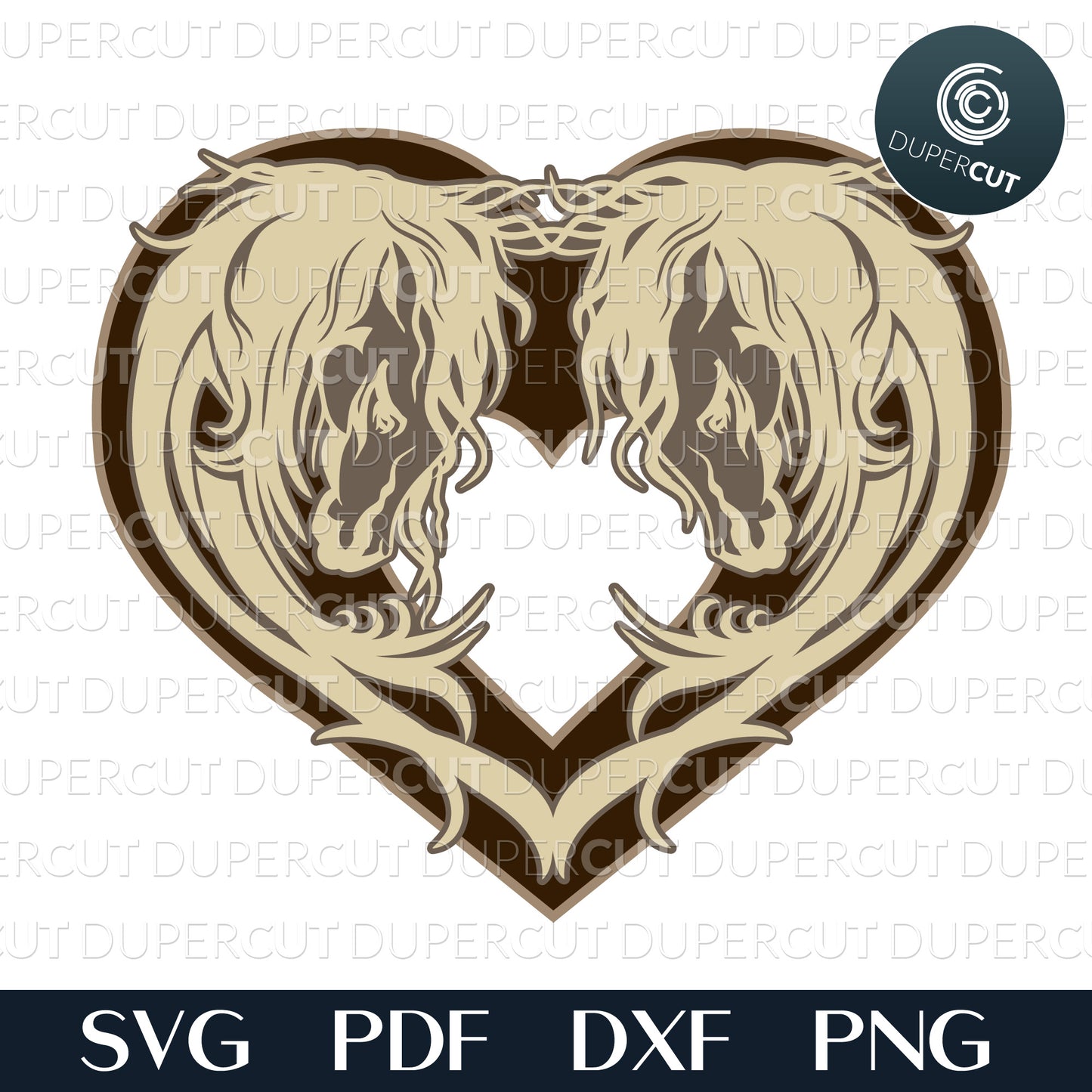 Horses in shape of heart, layered files, SVG PNG DXF files for cutting, laser engraving, scrapbooking. For use with Cricut, Glowforge, Silhouette, CNC machines.