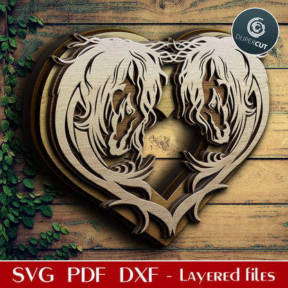 Heart horses - layered cutting files, SVG PNG DXF template for cutting, laser engraving, scrapbooking. For use with Cricut, Glowforge, Silhouette, CNC machines.