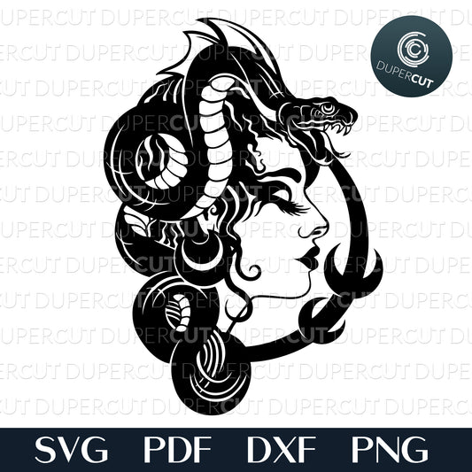 Luna moon goddes with snake hair. Girl woman gothic style. SVG PNG DXF files Paper cutting template for personal or commercial use. Vinyl template cutting files for Cricut, Glowforge, Silhouette, CNC