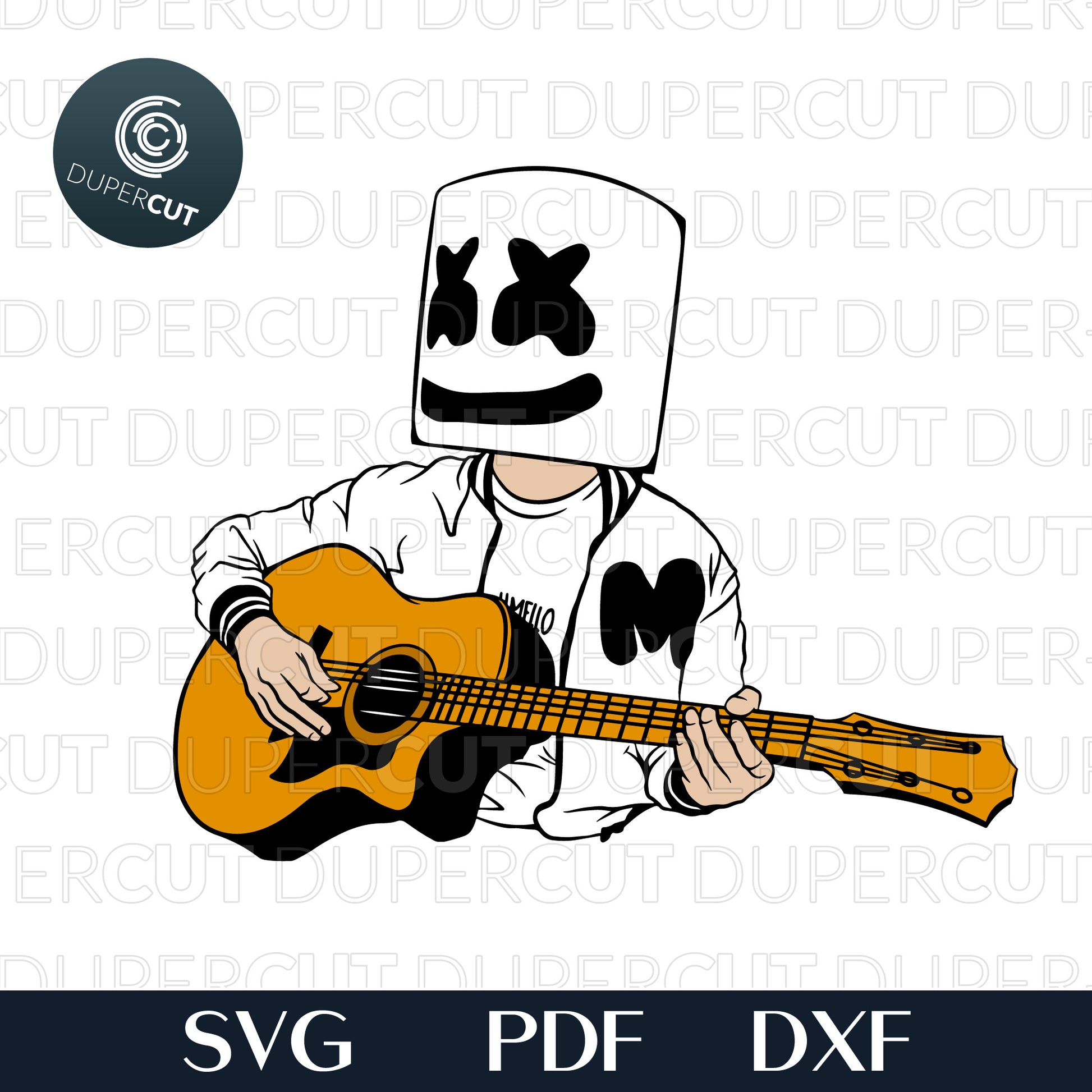 Marshmello DJ playing guitar, Illustration, fan art custom design. Printable SVG PNG files. For Birthday party, crafting, print and cut.