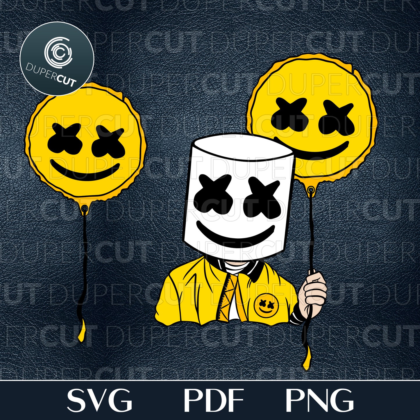 Marshmello DJ with Happier balloon, Illustration, fan art custom design. Printable SVG PNG files. For Birthday party, crafting, print and cut.