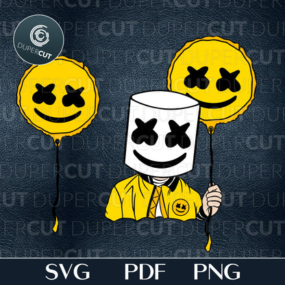 Marshmello DJ with Happier balloon, Illustration, fan art custom design. Printable SVG PNG files. For Birthday party, crafting, print and cut.