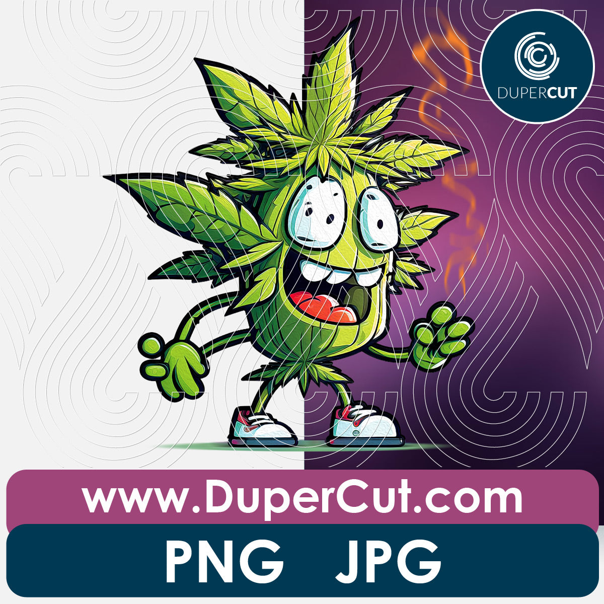 Funny Marijuana leaf character - cartoon style  - full color sublimation design, print on demand illustration, transparent background, high resolution, by DuperCut.com