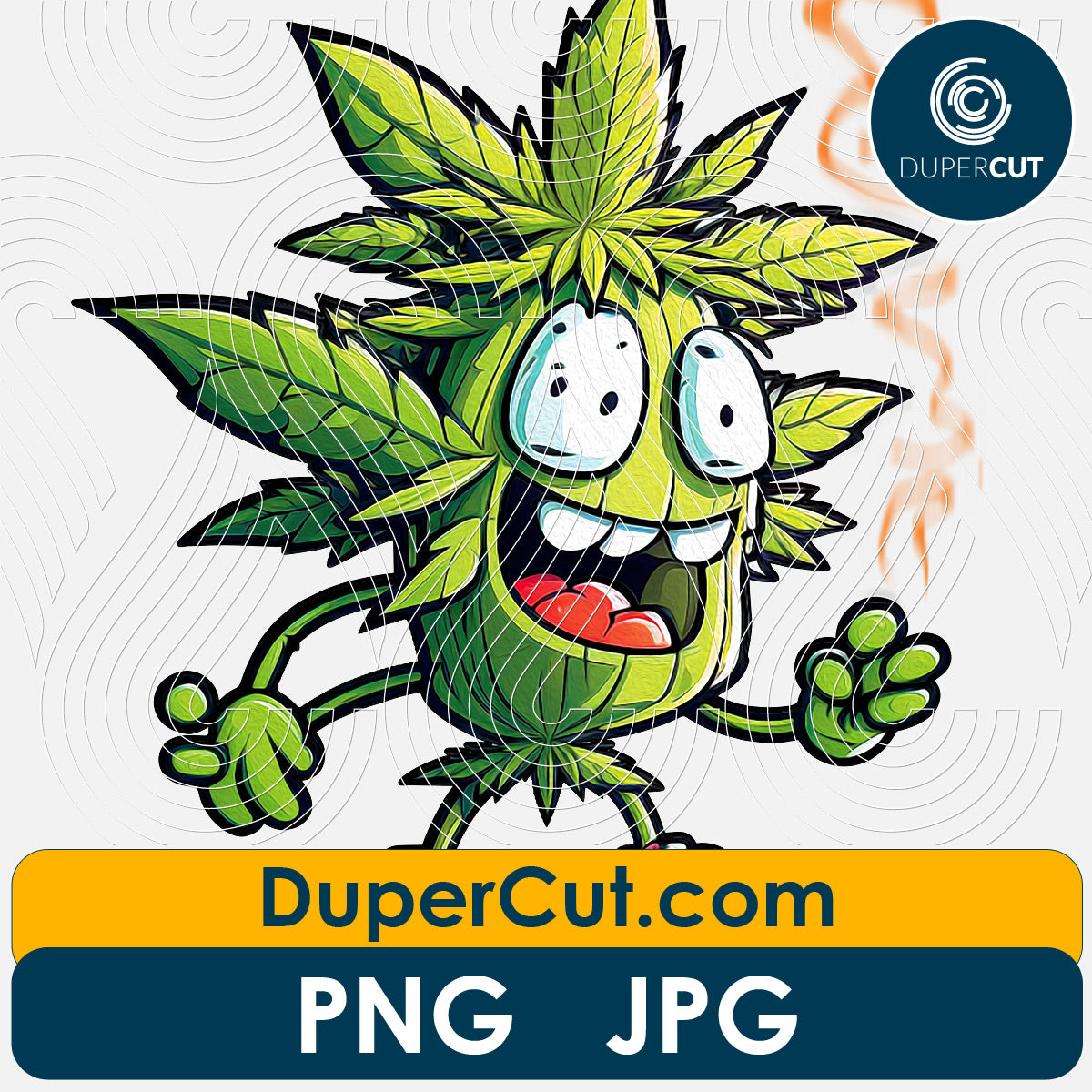 Funny Marijuana leaf character - cartoon style  - full color sublimation design, print on demand illustration, transparent background, high resolution, by DuperCut.com