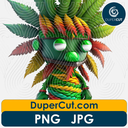 Marijuana leaf character - full color sublimation design, print on demand illustration, transparent background, high resolution, by DuperCut.com
