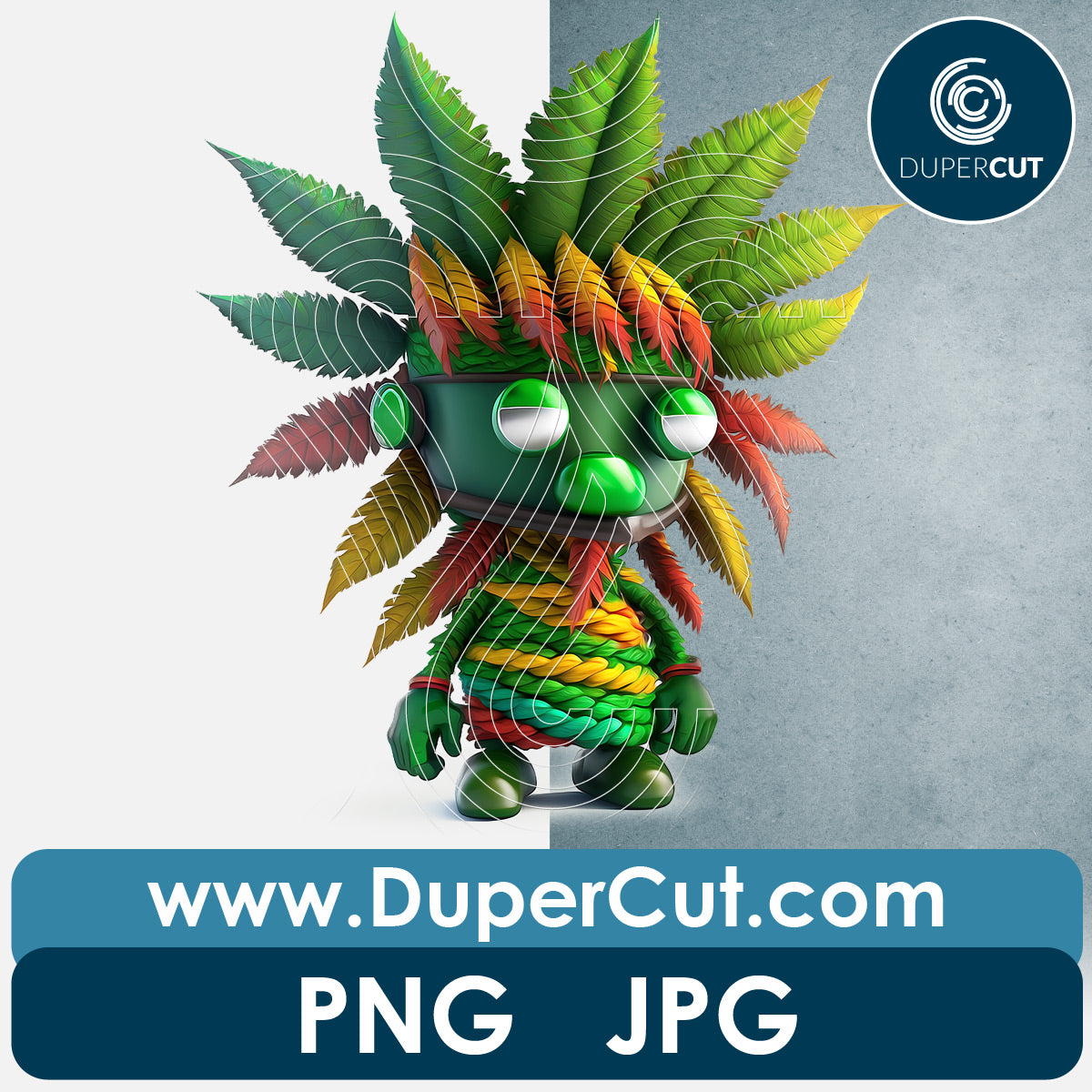 Marijuana leaf character - full color sublimation design, print on demand illustration, transparent background, high resolution, by DuperCut.com