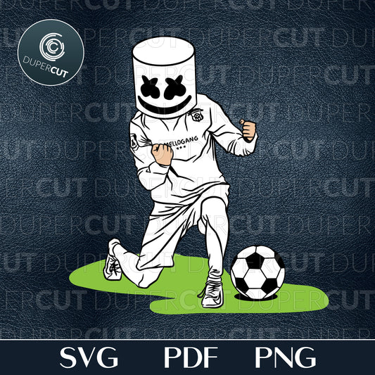 Marshmello DJ playing soccer, Illustration, fan art custom design. Printable SVG PNG files. For Birthday party, crafting, print and cut.