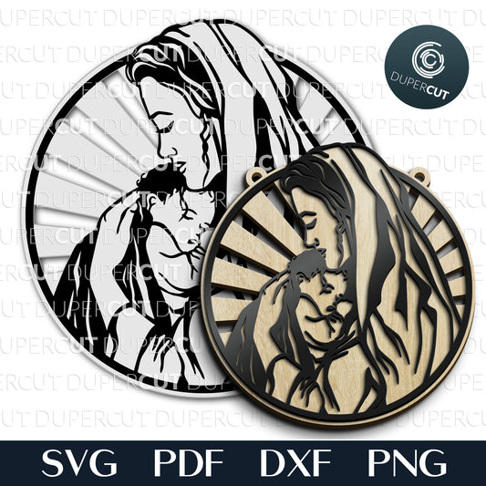 Virgin Mary holding baby Jesus - SVG DXF layered cutting files for Glowforge, Cricut, Silhouette, scroll saw pattern by DuperCut