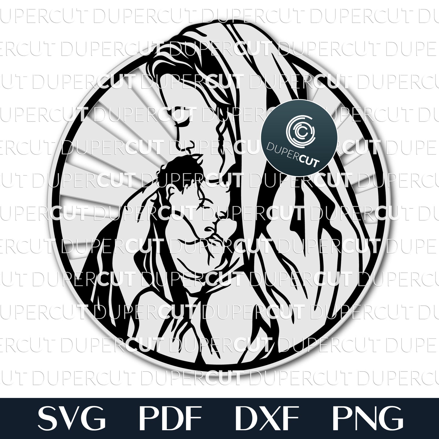 Holy Mary carrying baby Jesus DIY sign ornament - SVG DXF layered cutting files for Glowforge, Cricut, Silhouette, scroll saw pattern by DuperCut