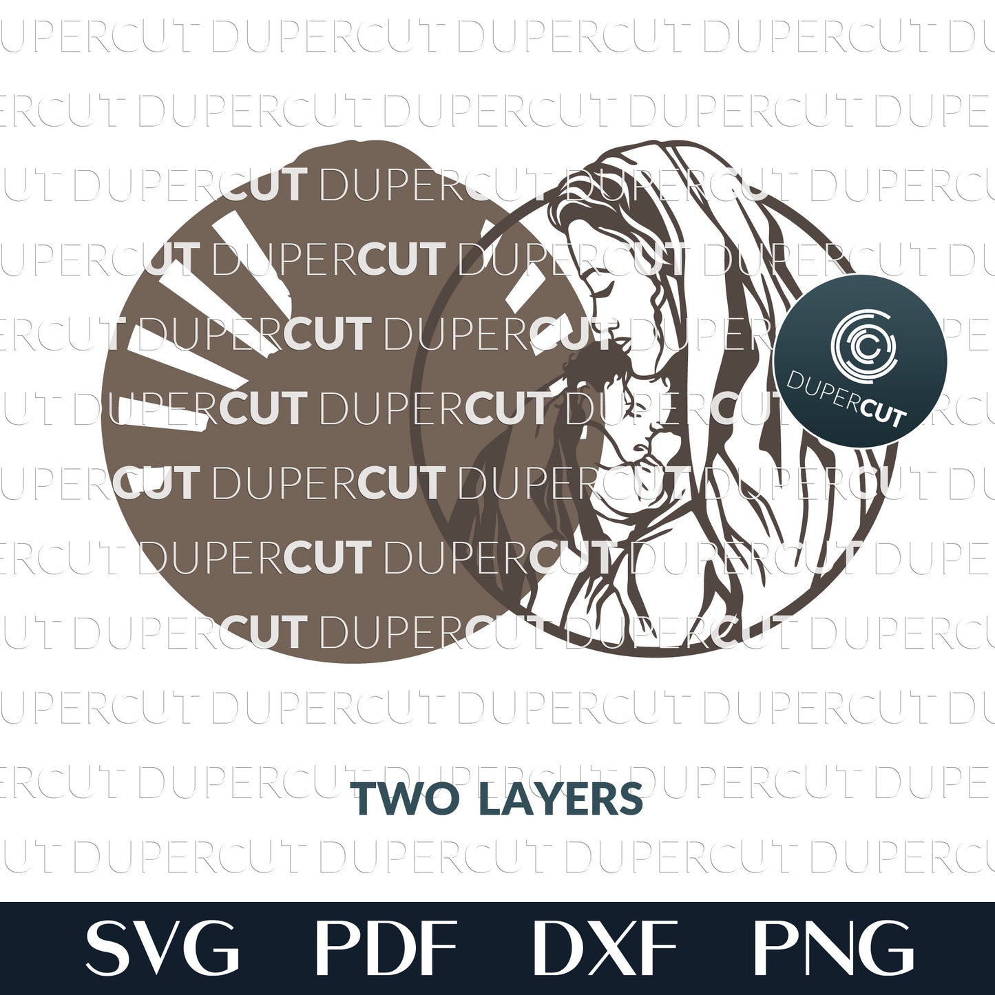 Virgin Mary holding baby Jesus - SVG DXF layered cutting files for Glowforge, Cricut, Silhouette, scroll saw pattern by DuperCut