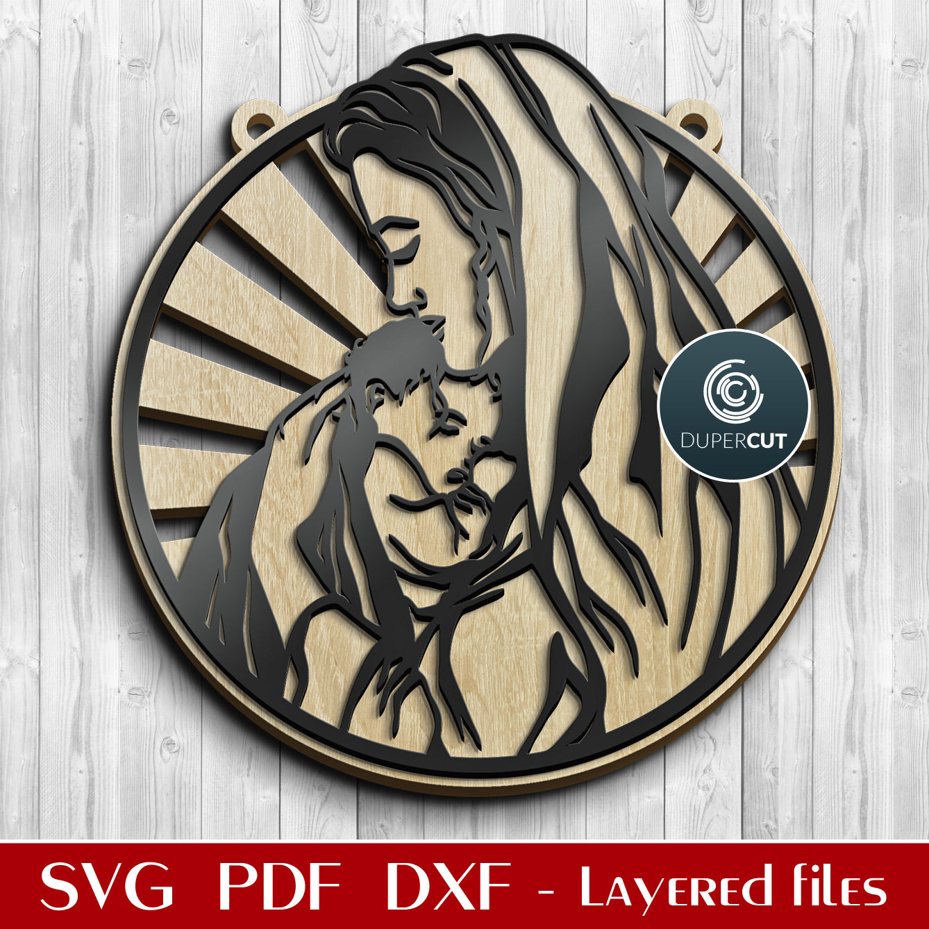 Vrigin Mary with baby Jesus nativity scene DIY door sign decoration - SVG DXF layered cutting files for Glowforge, Cricut, Silhouette, scroll saw pattern by DuperCut