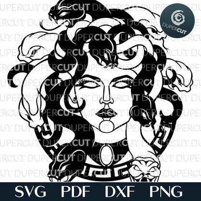 Medusa with snake hair SVG JPEG DXF files. Template for paper cutting, laser, print on demand. For use with Cricut, Glowforge, Silhouette Cameo, CNC machines. Personal or commercial license.