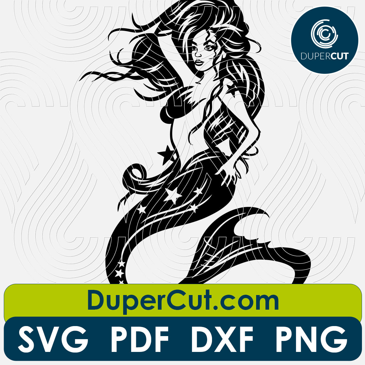 Realistic mermaid illustration, Black design. SVG JPEG DXF files. Template for paper cutting, laser, print on demand. For use with Cricut, Glowforge, Silhouette Cameo, CNC machines. Personal or commercial license.