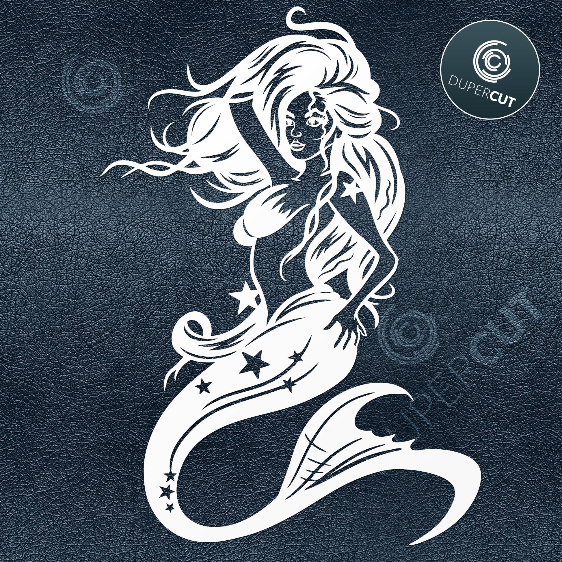 Mermaid siren, tattoo style. SVG JPEG DXF files. Template for paper cutting, laser, print on demand. For use with Cricut, Glowforge, Silhouette Cameo, CNC machines. Personal or commercial license.
