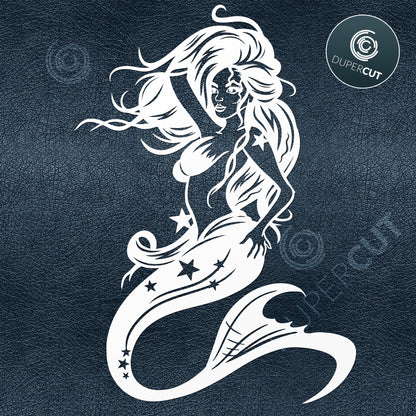 Mermaid siren, tattoo style. SVG JPEG DXF files. Template for paper cutting, laser, print on demand. For use with Cricut, Glowforge, Silhouette Cameo, CNC machines. Personal or commercial license.