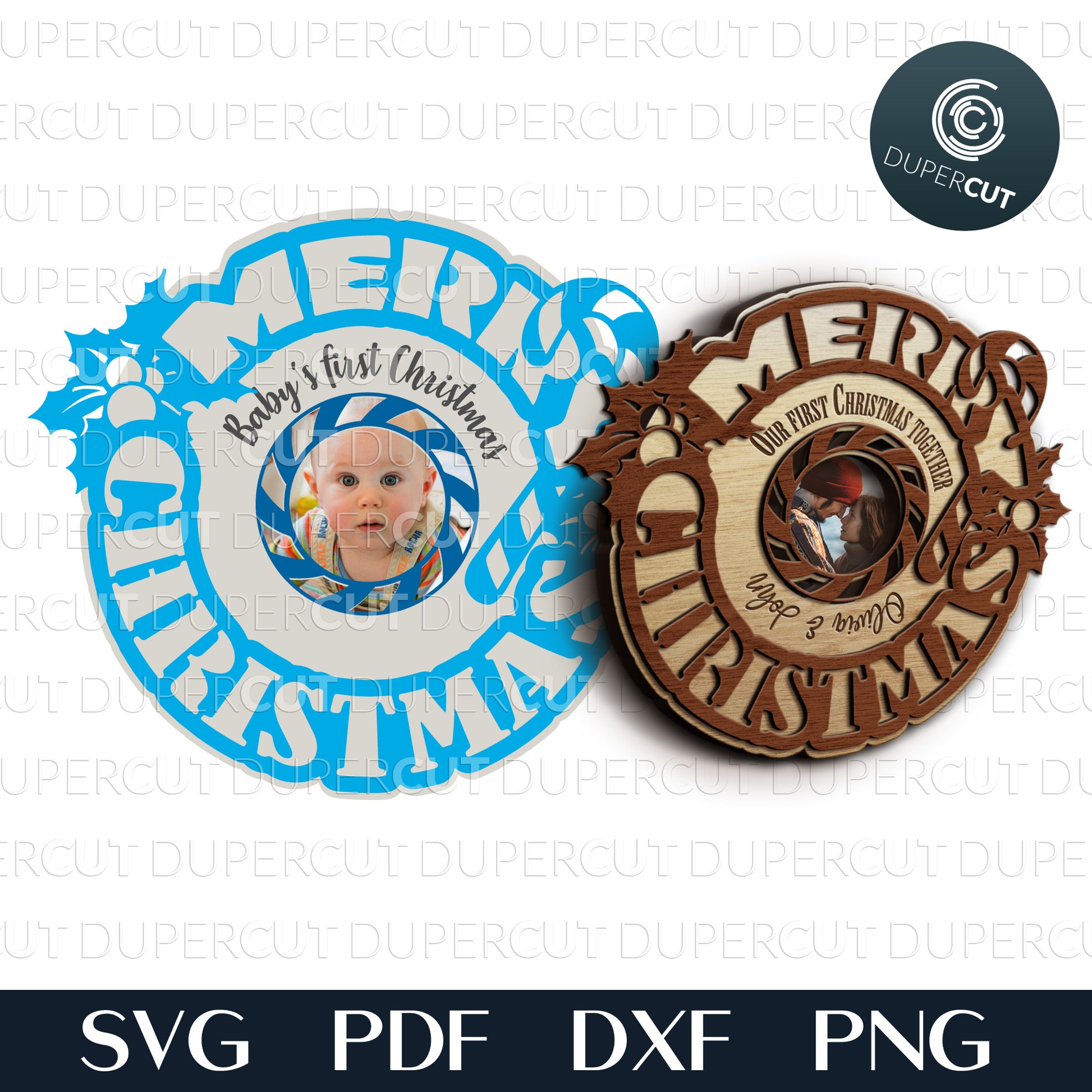Personalized Christmas photo ornament - SVG PDF DXF layered vector files for laser cutting, Glowforge, Cricut, Silhouette Cameo, CNC plasma machines