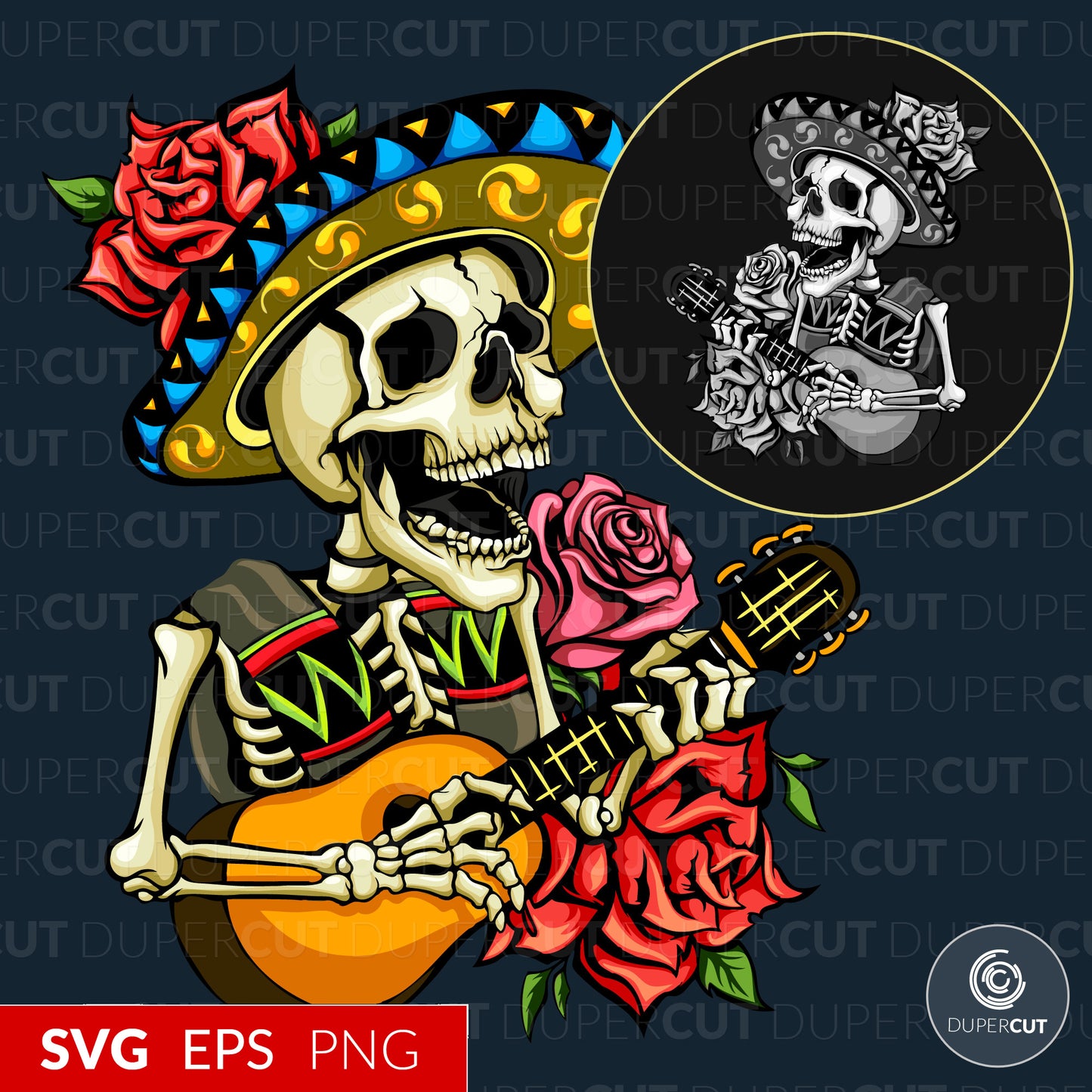 Mexican skull in sombrero - EPS, SVG, PNG files. Vector Colour illustration for print on demand, sublimation, custom t-shirts, hoodies, tumblers.