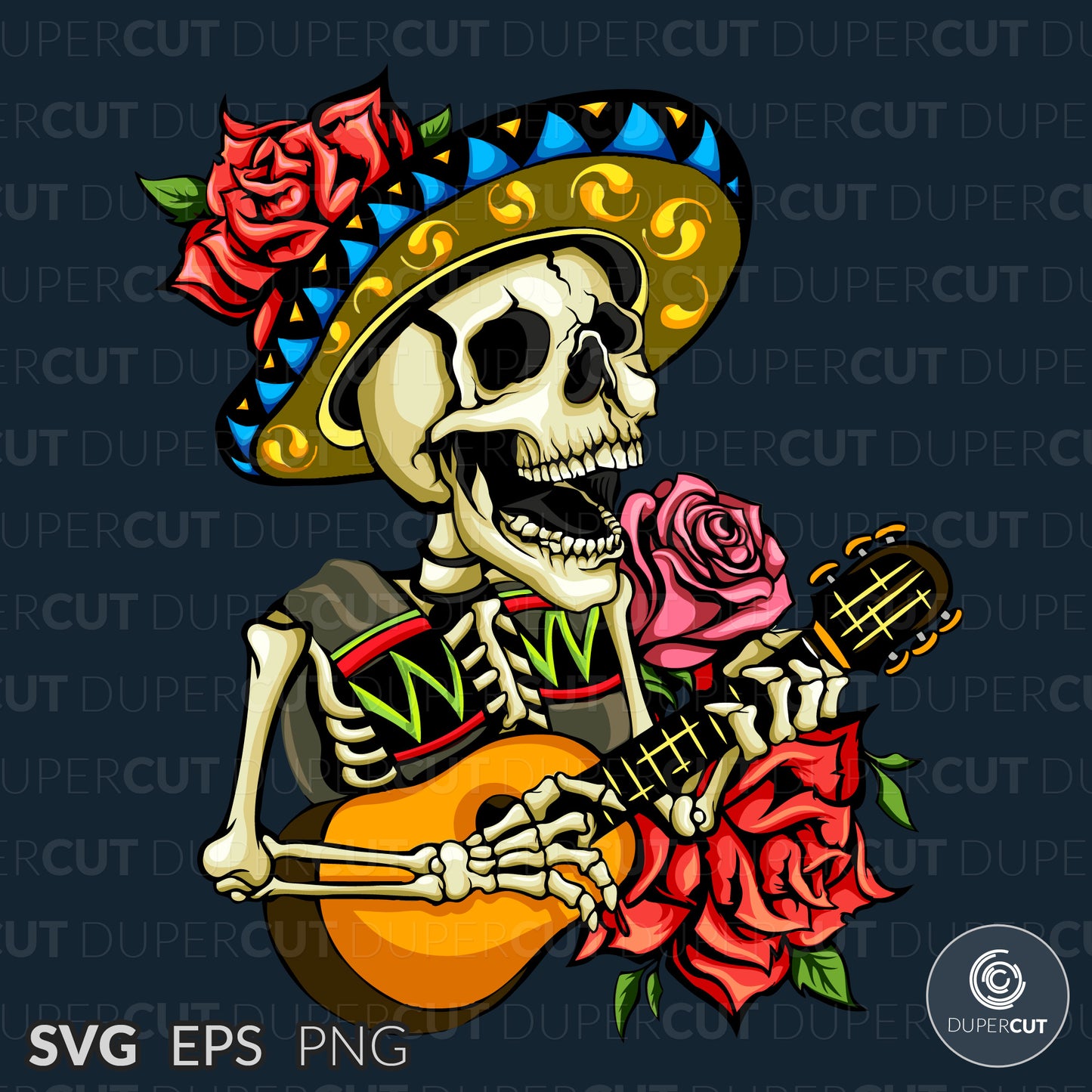 Mexican hat skeleton with guitar - Custom apparel design, Amazon merch template - EPS, SVG, PNG files. Vector Colour illustration for print on demand, sublimation, custom t-shirts, hoodies, tumblers.