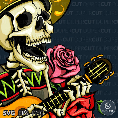  Sombrero singing skeleton - EPS, SVG, PNG files. Vector Colour illustration for print on demand, sublimation, custom t-shirts, hoodies, tumblers.