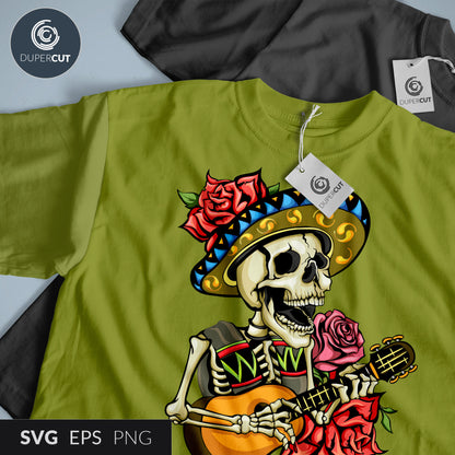 Mexican skull with guitar - Custom apparel design, Amazon merch template - EPS, SVG, PNG files. Vector Colour illustration for print on demand, sublimation, custom t-shirts, hoodies, tumblers.