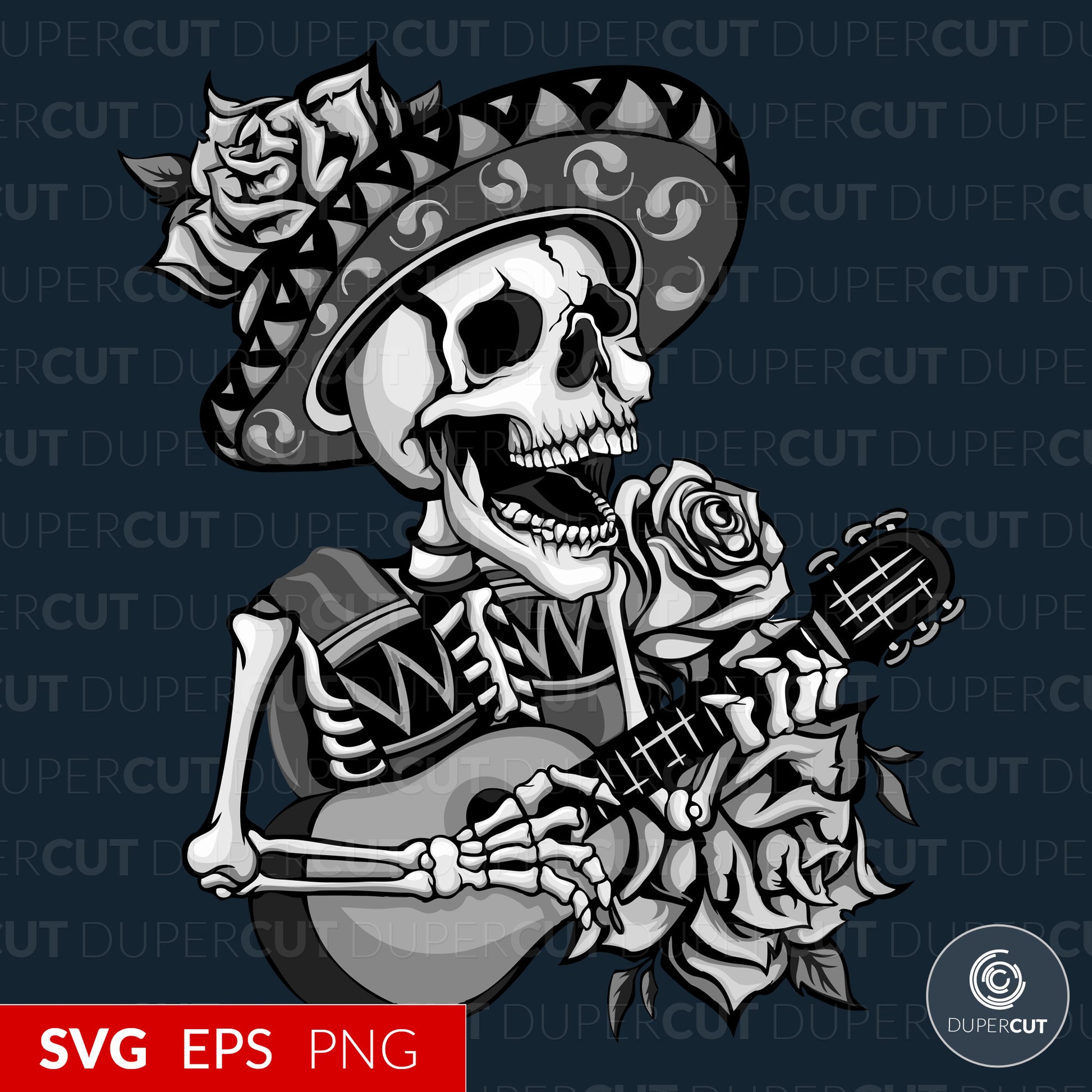 Black and white Mexican skull with guitar - EPS, SVG, PNG files. Vector Colour illustration for print on demand, sublimation, custom t-shirts, hoodies, tumblers.
