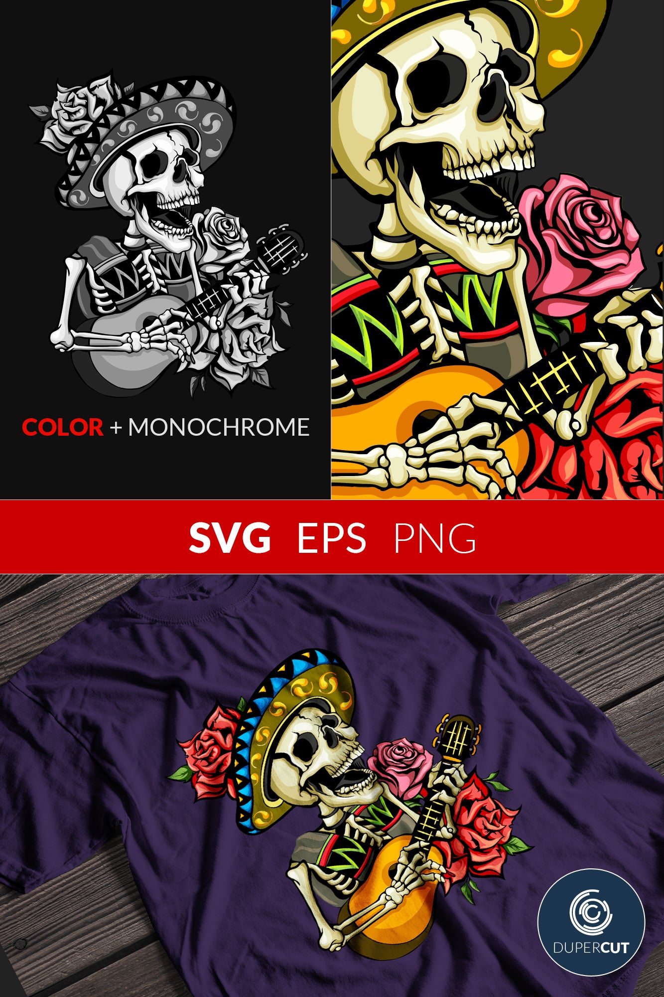 Mexican hat skeleton, t-shirt design template - EPS, SVG, PNG files. Vector Colour illustration for print on demand, sublimation, custom t-shirts, hoodies, tumblers.