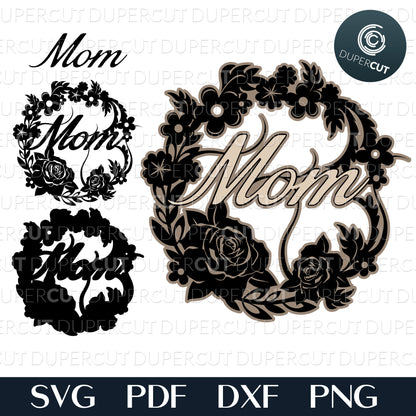 Layered laser cutting files. Flower wreath, DIY Mother's Day gift. SVG JPEG DXF files. Template for paper cutting, laser, print on demand. For use with Cricut, Glowforge, Silhouette Cameo, CNC machines. Personal or commercial license.